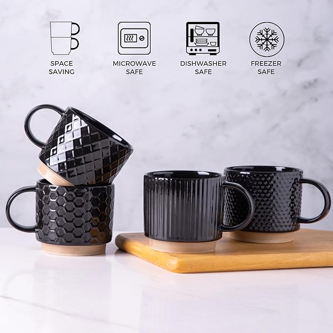 GBhome 8OZ Stackable Coffee Mugs, Ceramic Coffee Mugs with Texture Patterns for Man,Woman,Dad,Mom, Modern Coffee Cups Set of 4 for Espresso/Cappuccino/Cocoa. Dishwasher&Microwave Safe, Black
