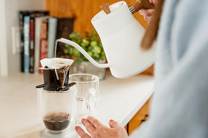 Coffee Gooseneck Kettle, Stainless Steel Interior, Electric Kettle for Boiling Water, Pour Hot Water Over Coffee, Tea, or Matcha, Electric Boiler, Heat Resistant Ergonomic Handle, White