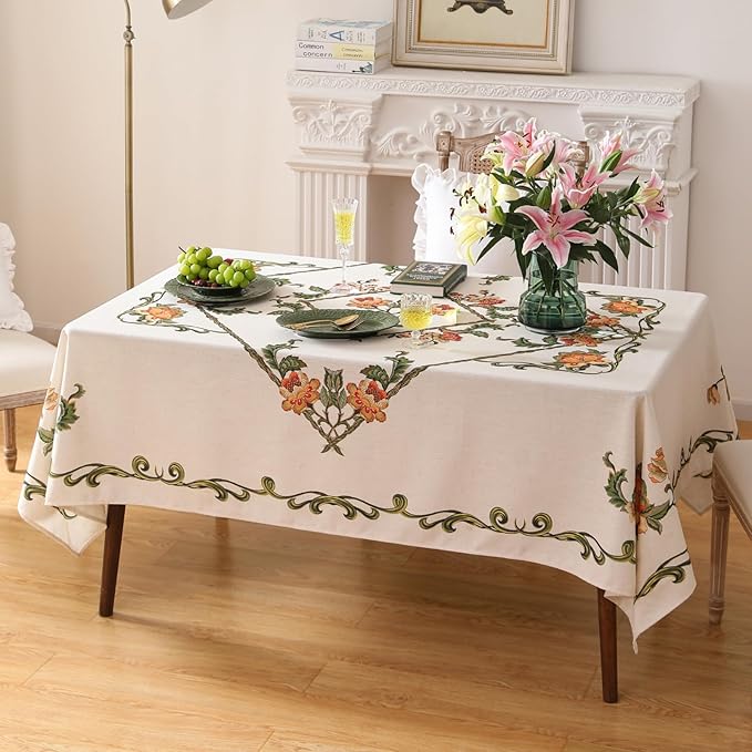 patdrea Designer Linen Rectangle Tablecloth,Vintage French Floral Tablecloths,Wrinkle Free Table Cloth,Decorative Table Cover Cloth for Kitchen,Dining,Tea Party,Home,Christmas,55"*87"