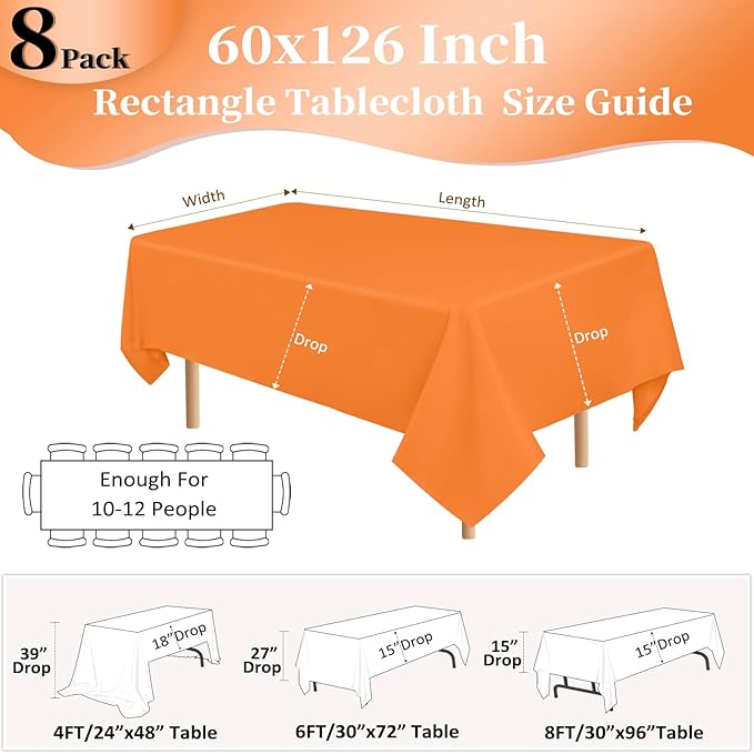 8 Pack Orange Tablecloth 60x126 Inch Rectangle Table Cloth for 8 Foot Rectangle Tables, Wrinkle Resistant Washable Polyester Fabric Rectangular Table Cover for Dining Banquet Wedding Party