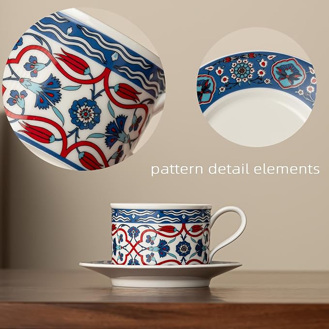 Ceramic Coffee Mug with Saucer 10 OZ Turkish Iznik Rose Flower Porcelain Coffee Cup Set for Home Office Women Men Gifts CM02