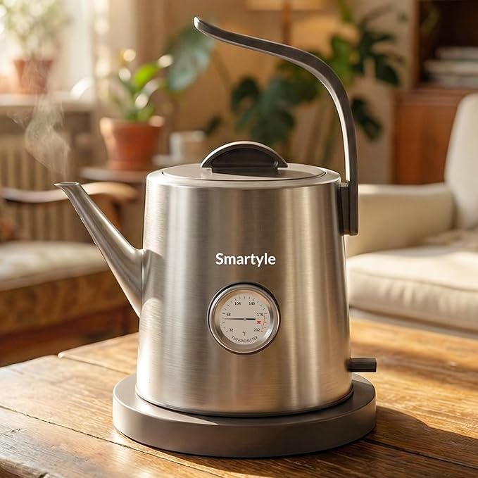 Smartyle® Electric Tea Kettle with Thermometer,1.0L Gooseneck Electric Kettle,304 Stainless Steel,Auto Shut-Off,1200W Pour Over Coffee Pot for Brewing Coffee & Tea at Home,Office,or Café (Chrome)