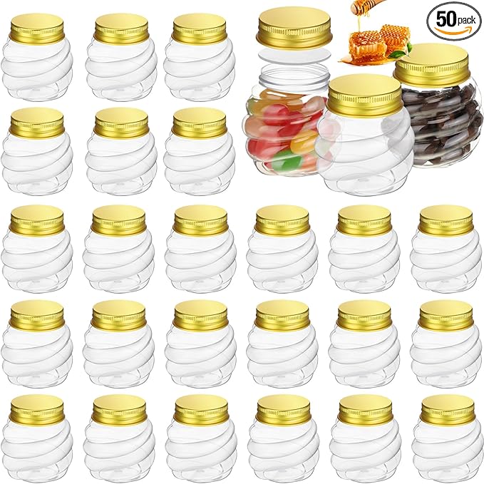 Suclain 25 Pcs 4 oz Mini Honey Jars Party Favors in Bulk Honeycomb Plastic Jars with Gold Lids Wide Mouth Canning Small Containers for Wedding Favors, Baby Shower DIY Gift Jelly Herb Jams Candy