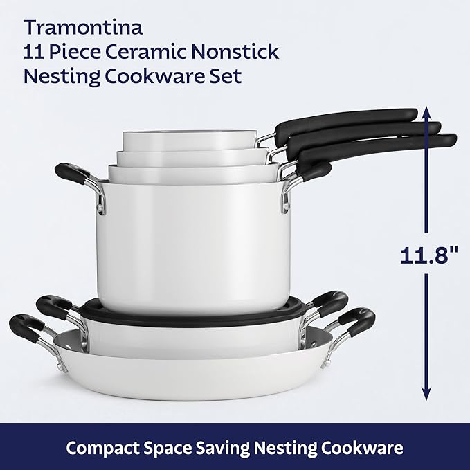 Tramontina Ceramic Non Stick 11-Piece Nesting Pots and Pans Set with Lids - Stackable Nonstick Cookware Set, Dishwasher and Oven Safe, White