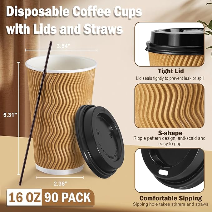 SIUQ 16 oz Coffee Cups-90 Pack Disposable Coffee Cups with Lids and Straws, Insulated Ripple Wall To Go Paper Coffee Cup for Coffee, Juice, Hot Chocolate and Hot Tea Drinks - Champagne