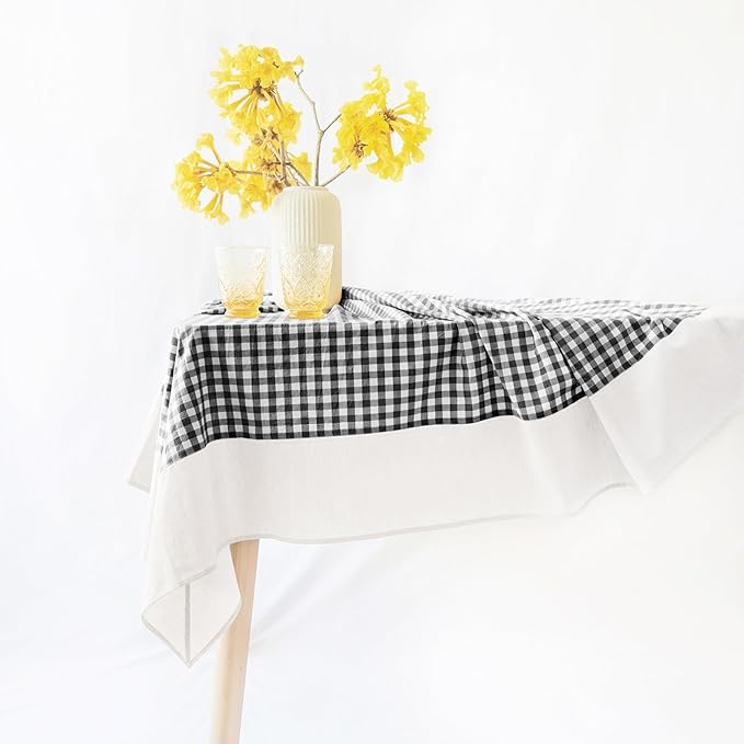 MONDAY MOOSE Gingham Checkered Farmhouse Rustic Picnic Style Decoration Rectangle Natural Stonewashed Cotton Tablecloth for Kitchen, Dining Room, Restaurant (55x70 inch, Black/White)