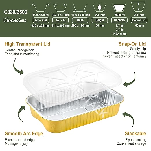 13" x 8.8" Heavy-Duty Aluminum Foil Pans with Lids & Handles, 118oz, 5 Pack – Extra-Thick Disposable Foil Containers for Oven, Baking, Freezer & Food Storage