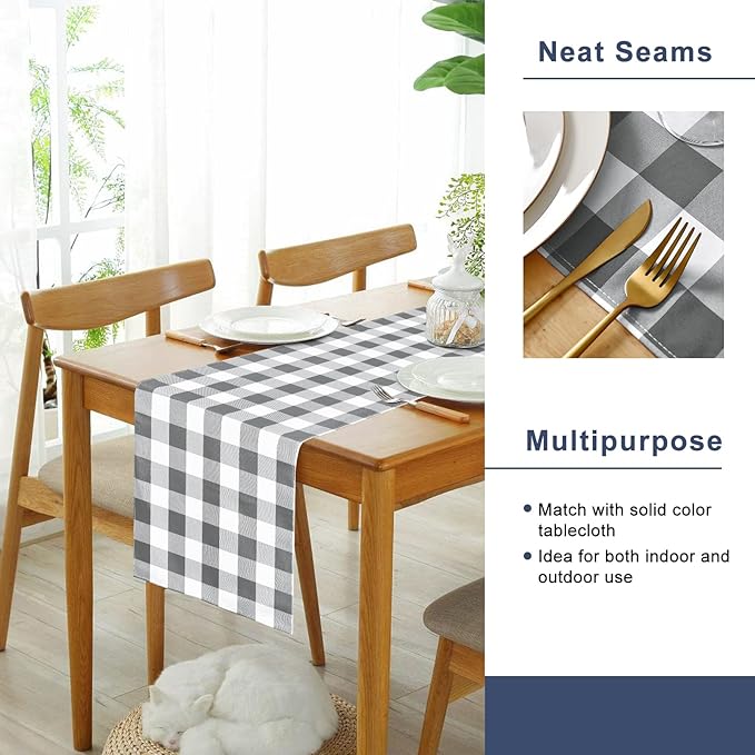 Hiasan Buffalo Plaid Table Runner, Classic Farmhouse Tabletop Collection, Waterproof Table Runner for Kitchen Dining, Banquet, Restaurant, Outdoor Use, 14W x 60L, Grey and White, 1 Piece