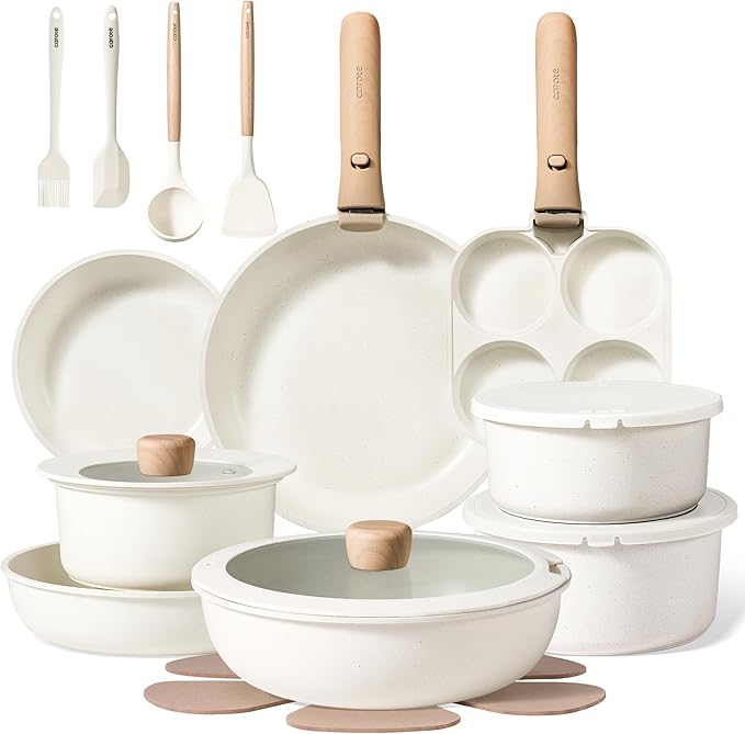CAROTE Pots and Pans Set Non Stick, Cookware Sets, Kitchen Set, Oven/Dishwasher/Fridge Safe, Space Saving Pots Set, Nonstick Set with Versatile Detachable Handle, Induction RV Set, Cream