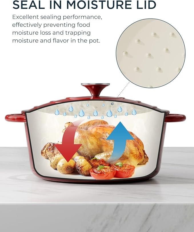 Enameled Cast Iron Dutch Oven - 6QT Pot with Lid & Cotton Potholders - Heavy-Duty Cookware for Braising, Stews, Roasting, Bread Baking, Oven Safe up to 500°F & Suitable for All Cooktops, Cherry Red
