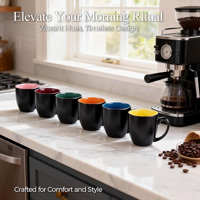 GBhome 12oz Coffee Mugs Set of 6,Ceramic Coffee Mugs for Man, Woman,Restaurant Modern Coffee Mugs Set with handle for Tea/Latte/Cappuccino/Milk/Cocoa. Dishwasher&Microwave Safe,Multi-Color,6 Pack