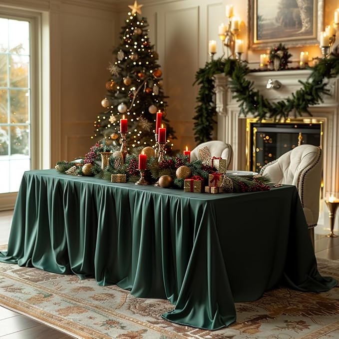 6 Pack Dark Green Rectangle Tablecloth with Elastic Table Skirt – 6FT Fitted Spandex Table Cover, 72 Inch Wrinkle-Resistant & Stretchable for Christmas Party Banquet Buffet Restaurant