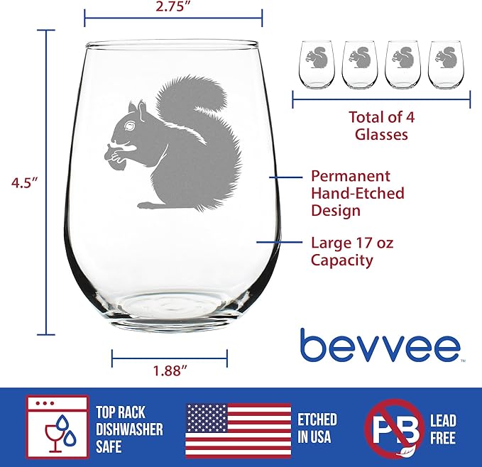 Bevvee Squirrel Stemless Wine Glass - Squirrel Gifts and Decor with Squirrels - Set of 4 - Large 17 Oz Glasses