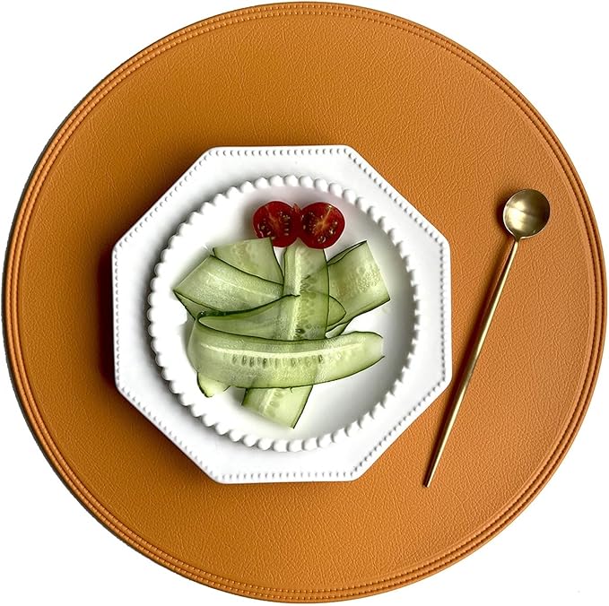 Set of 4/6/10 Black Round PU Leather Placemats Non-Slip Place Mats Coaster Coffee Mats Kitchen Accessories Set De Table(Y Circle Orange,R 38CM 4pcs)