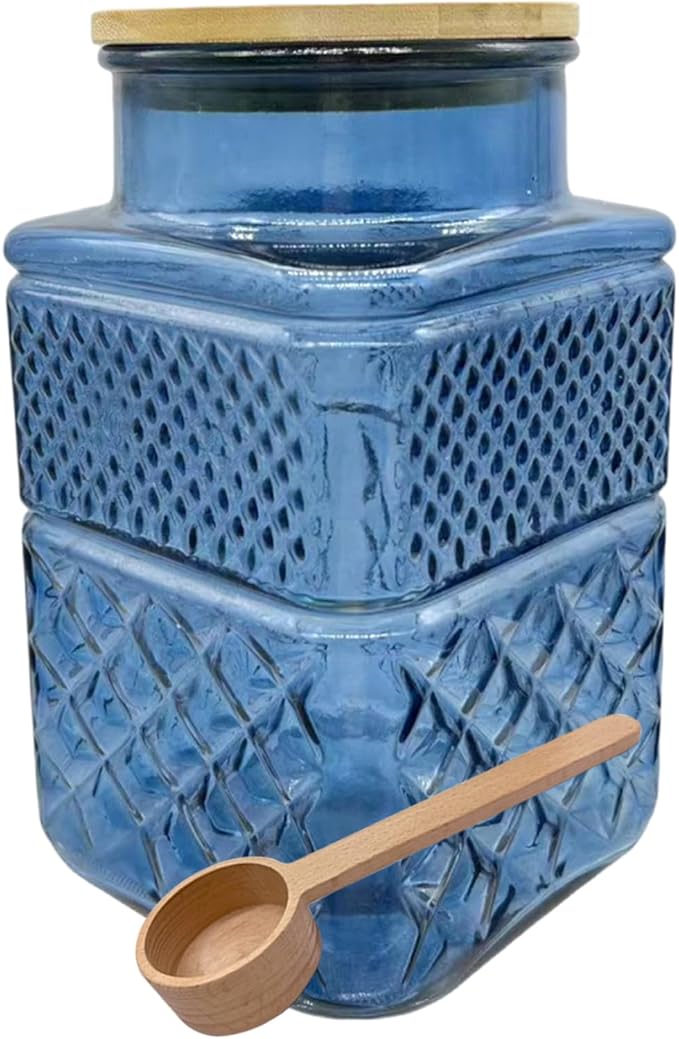 60oz Vintage Glass Jar with Airtight Lid and Wood Spoon Blue Square Glass Storage Canisters Jars for Food Candy Flour Sugar Cookie Coffee Tea Decorative Vase