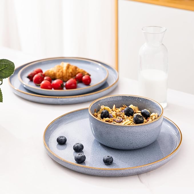 GBHOME Ceramic Dinnerware Sets for 8, 24 Pieces Stoneware Plates and Bowls Sets, Scratch Resistant Dishes, Dishwasher & Microwave Safe, Reactive Glaze-Brunnera Blue