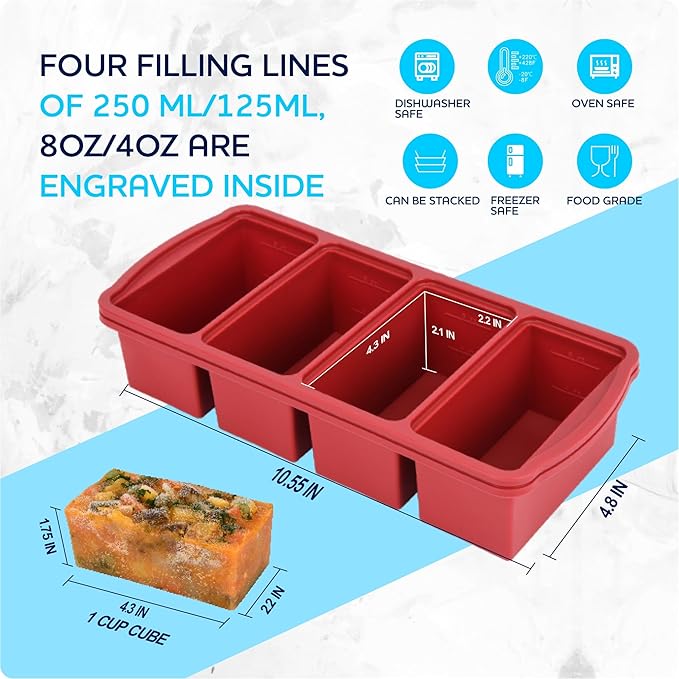 Silicone Freezer Trays with Lid,1-cup Soup Freezer Container large Ice Cube Molds with Reinforced Steel Ring Top for freezing Soup Sauce Broth Leftovers oven Dishwasher -Safe(2-Pack)