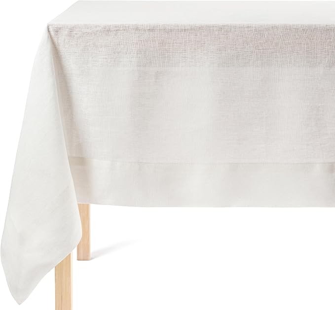 Over&Back 100%-Linen Woven Tablecloth - Colorful Dining Room Table Cover - Mitered Corner Hems - Machine Washable - Kitchen and Home Decor - Ivory - 70x108
