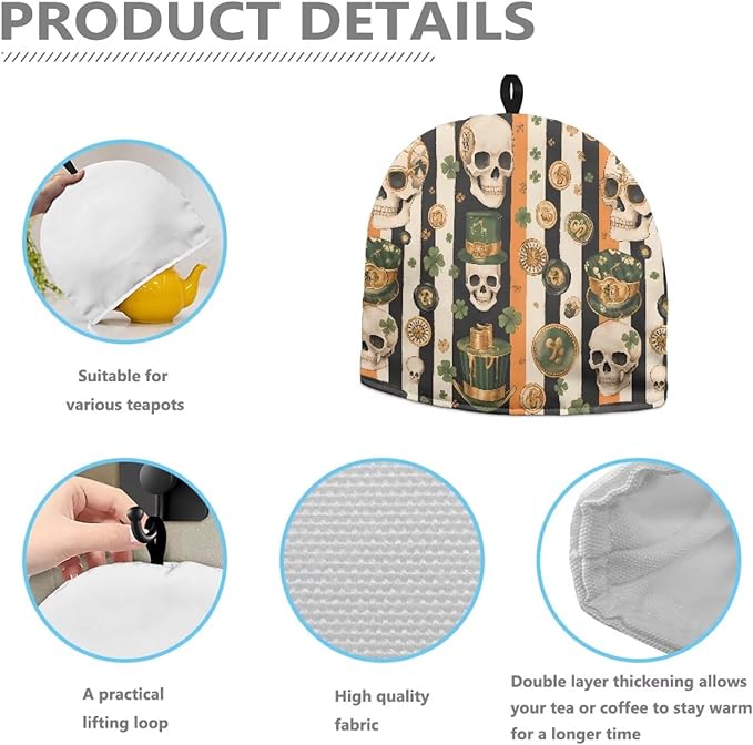 Human Skull Tea Cozies Soft Tea Cozy for Teapot Insulated for Women,Dust Proof Green Top Hat Gold Coin Teapot Insulation Cover Breakfast Warmer