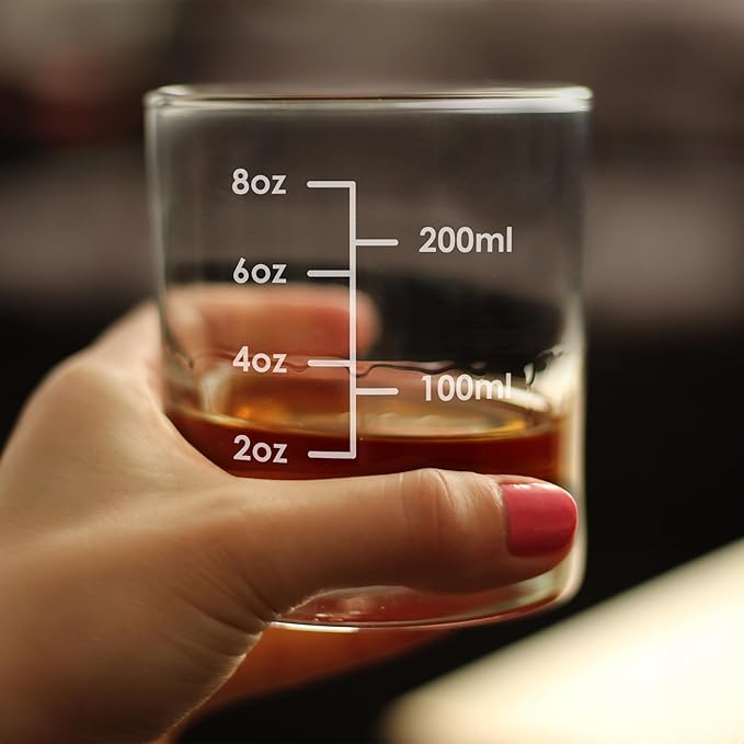 Bevvee Cocktail Measuring Cup - Whiskey Rocks Glass - Engraved Measurement Lines for Bartender & Portion Control - Ounces and Metric - Set of 4-10.25 oz Glasses