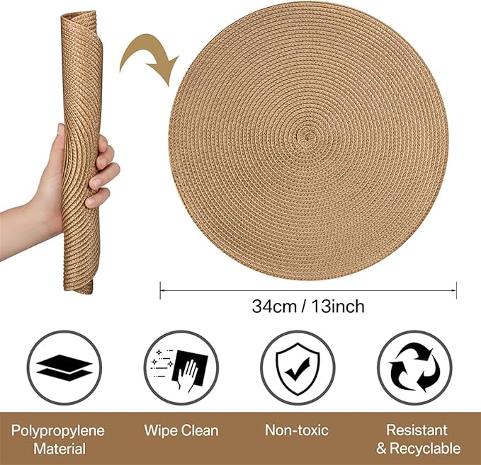 6/12Set Round Braided Placemats Table Mats for Dining Tables Woven Washable Non-Slip Place mats 13inch Halloween Decor(Gold,6 Set)