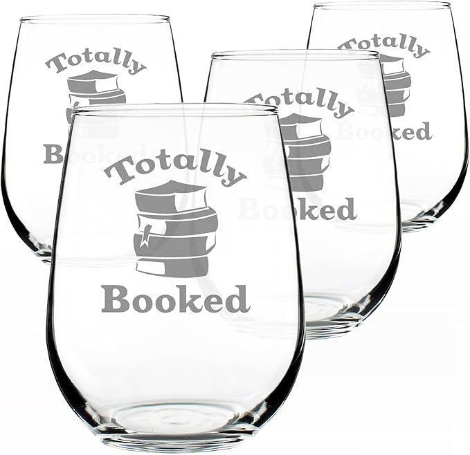 Bevvee Totally Booked - Stemless Wine Glass - Funny Book Club Gifts for Lovers of Reading & Fun Librarians - Set of 4 - Large