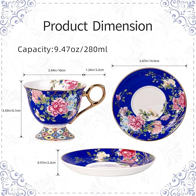 KAMMAK Tea Cups and Saucers Set of 2, Porcelain Coffee Cup with Saucer for Espresso, Cappuccino, 9.8oz Vintage Yellow Floral Ceramic Novelty Mug for Home, Tea Party, Office