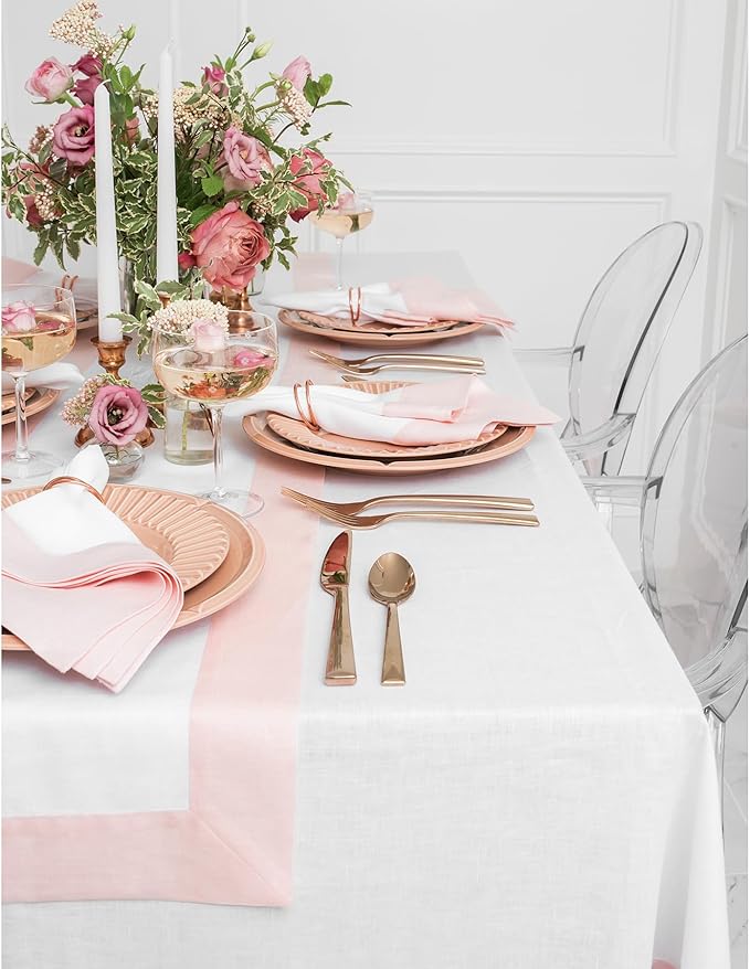 Solino Home Linen Tablecloth 60 x 90 Inch - 100% Pure Linen Blush Pink and White Tablecloth for Rectangle Tables - Contempo, Machine Washable Table Cloth for Valentines, Spring, Easter