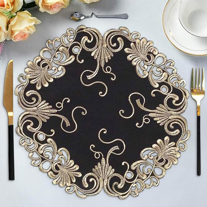 Decozen Set of 12 Doilies for Table, Lace Doilies - Rustic, Crochet, Farmhouse, Kitchen, Dining Table Centerpiece Decor - Round Christmas Placemats 15 inch Gold Black, The Chantelle Collection