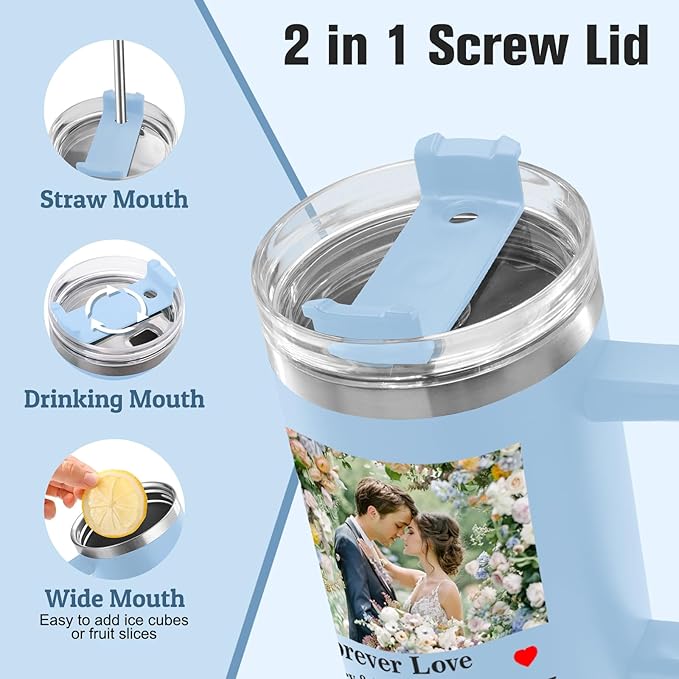 Ships Next Day Custom 40oz Tumbler with Picture&Name, Personalized Tumbler with Handle, Valentines Day Gifts for Him/Her, Girlfriend Boyfriend Gift for Birthday