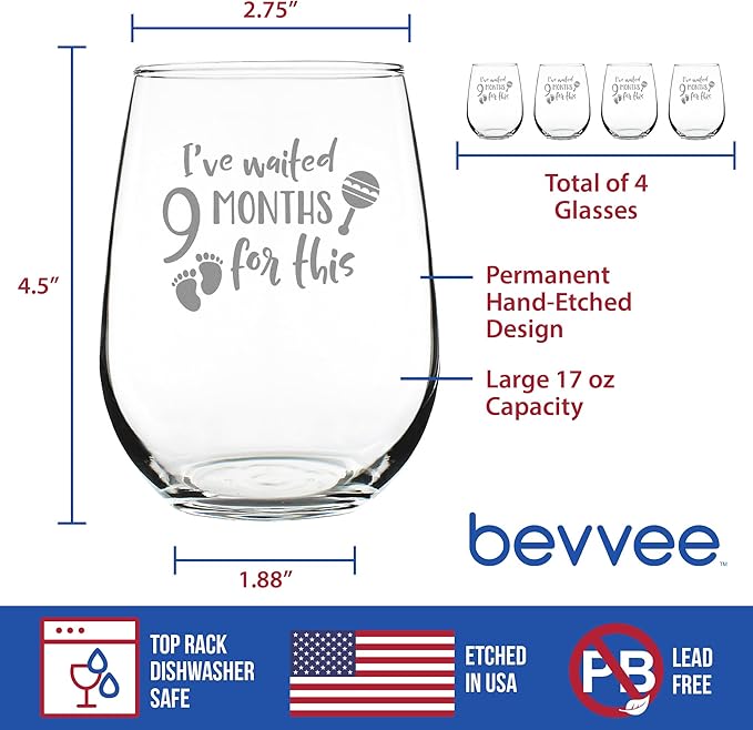 Bevvee Waited 9 Months For This - Funny New Mom Stemless Wine Glass - Push Presents for Expectant Moms and Post Pregnancy Gifts - Set of 4 - Large 17 Ounce