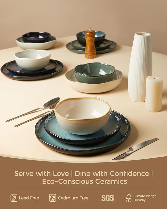 24 Pieces Dinnerware Set for 6 with Pasta Bowls, Complete Ceramic Dish Set, Stackable & Glossy Stoneware Plate and Bowl Set for Effortless Everyday Hosting, Yellow White