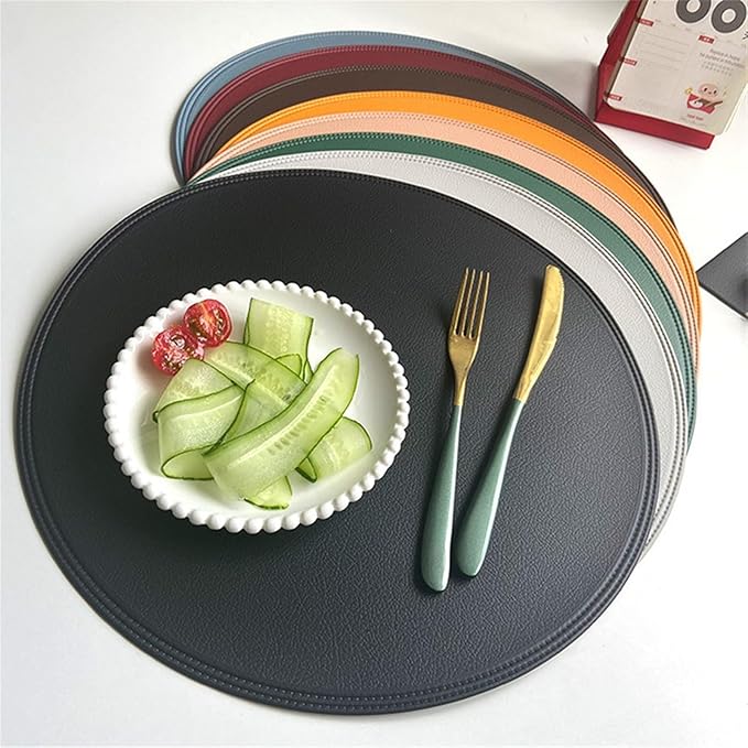 Round Leather Placemat for Dining Faux Large Non-Slip Insulation PU Place Mat for Kitchen of Home Waterproof(Green)