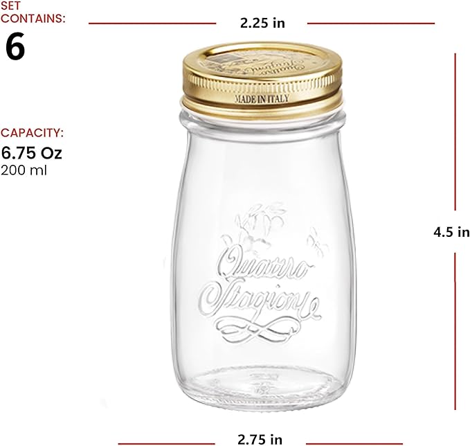 Bormioli Rocco Quattro Stagioni Small Bottles (Set of 6) - 6.75 Oz. Embossed Reusable Glass Jars with Airtight Lid, For Food Prep, Sauces, Gifts & Crafts - Round Bottle Containers, Made in Italy