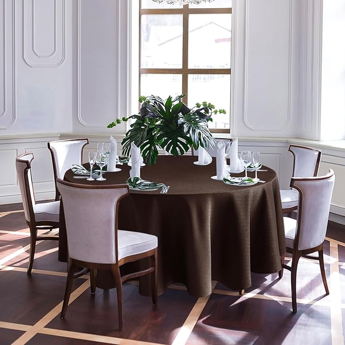 Biscaynebay Textured Fabric Round Tablecloths 108", Brown Water Resistant Table Cloth Circle Folding Table Covers Linen for Dining, Kitchen, Wedding, Parties etc. Machine Washable