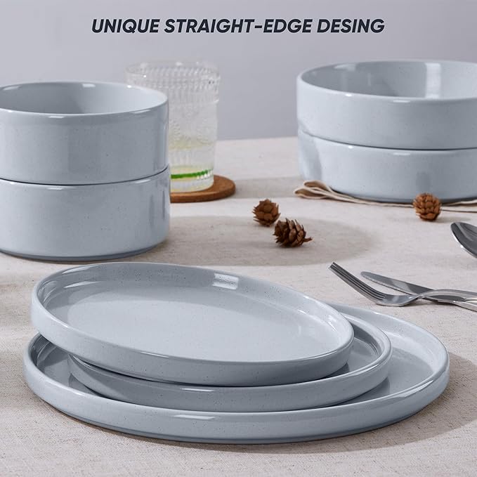 E-far 8-Piece Plates and Bowls Sets - Stoneware Dinnerware Sets with Pasta Bowls for 2 | Microwave & Dishwasher Safe Kitchen Modern Dish Set, Speckled Gray