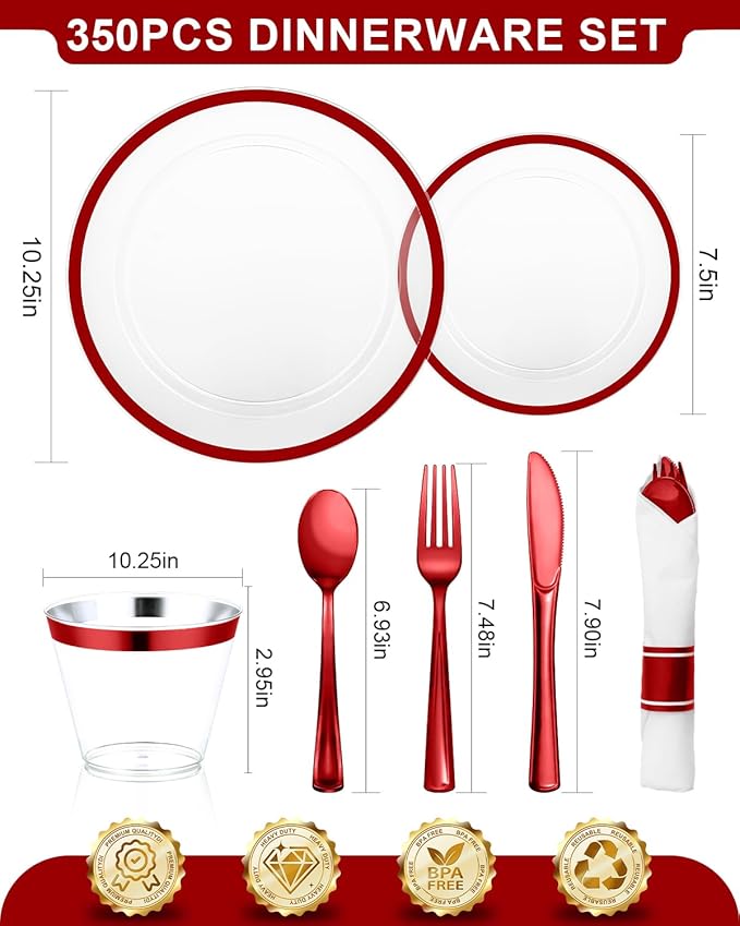 350PCS Disposable Clear Red Dinnerware Sets for 50 Guests, Plastic Plates for Party, 100 Plastic Plates, 50 Cups,50 Pre-Rolled Napkins with Cutlery for Parties, Christmas, Wedding