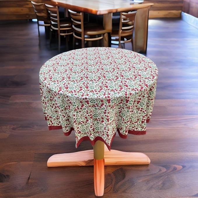 Ridhi Block Print Round Garnet Red Reusable Tablecloth 100% Cotton 60" Inch Decorative Table Cover eveyday Dining, Home, Party, Wedding, Farmhouse Gift for Spring, Easter, Valentine