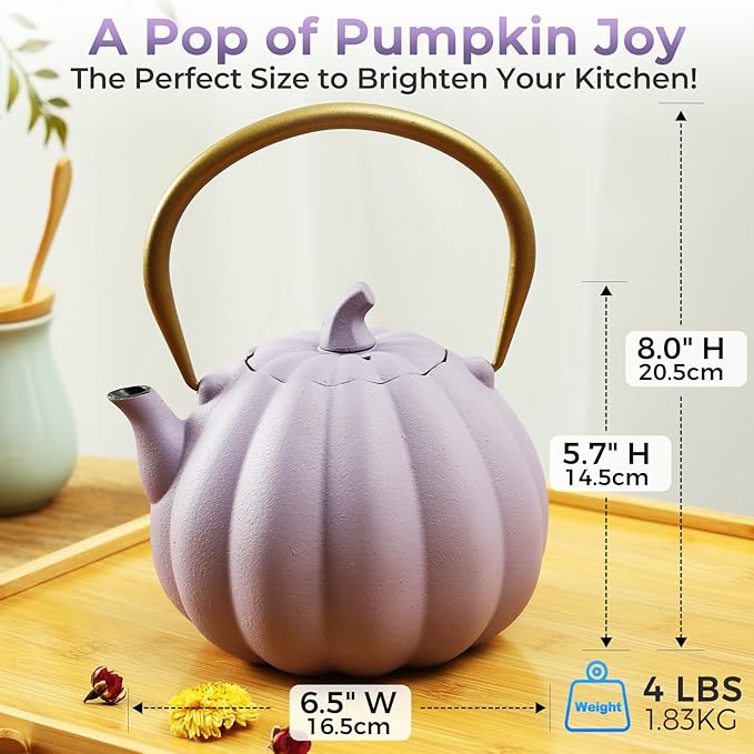 Pumpkin Cast Iron Teapot with Infuser - 40oz Japanese Iron Tea Kettle with Enamel Interior, Cute Halloween Teapot for Loose Tea & Coffee, Stainless Steel Filter, Stove Safe (Purple)