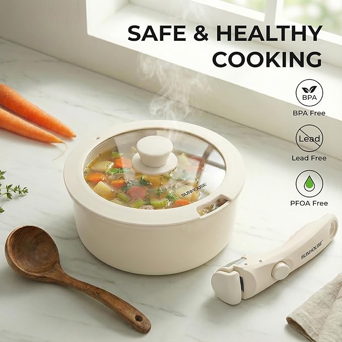 SUNHOUSE 5-Piece Ceramic Pot & Pan Set with Detachable Handle - Nonstick Cookware Set with Lid - PFOA, PFAS & PTFE-FREE, RV Cookware for camping, Dishwasher safe, Oven Safe