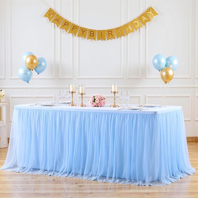 6 Pack 6ft Baby Blue Tulle Tablecloths for Rectangle Tables 72 x 30 Inch Rectangular Table Cloth Wrinkle Free Table Cover with Tutu Skirt for Baby Shower Birthday Party Banquet Buffet Cake Decorations