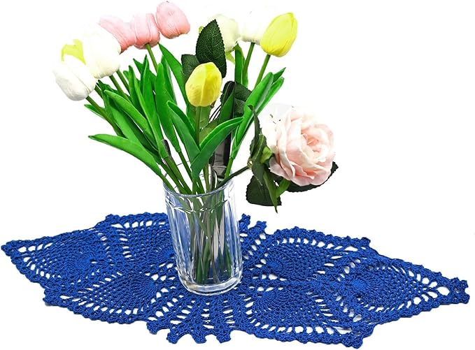 BIBITIME Crochet Lace Table Doilies Eyes Flower Doily Kitchen Vase Place Mats (7 in x 21 in,Pack of 1PC, Style02-Blue)