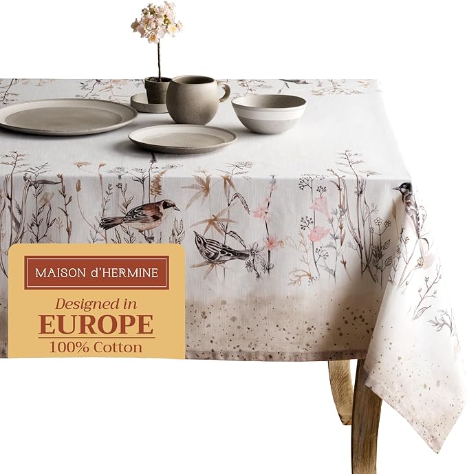 Maison d' Hermine Table Cloth Square Table 100% Cotton 60 x 60 Inches Tablecloth Reusable Decorative for Dining Room Farmhouse Home Valentines Day Decorations Spring Summer - Meadow Florals - Brown