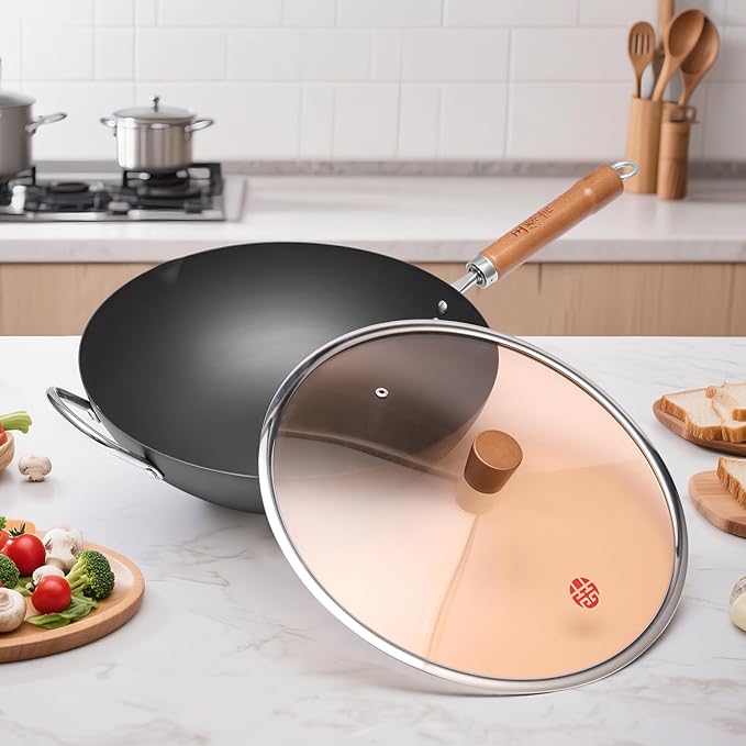 Glass Lid, Wok Lid with Wooden Cover Post Suitable for 13.4 Inch Wok