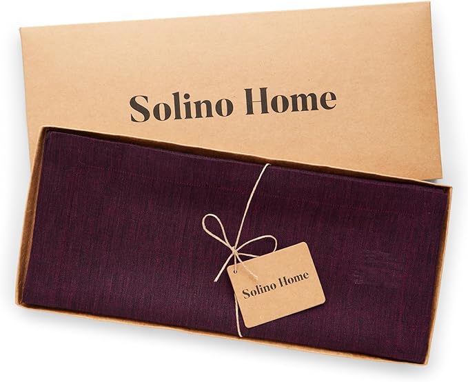 Solino Home Linen Small Table Runner 36 Inches - Athena, 100% Pure Linen Chambray Burgundy Table Runner 14 x 36 Inch Ideal for Dresser and Coffee Tables - Winter, Valentines