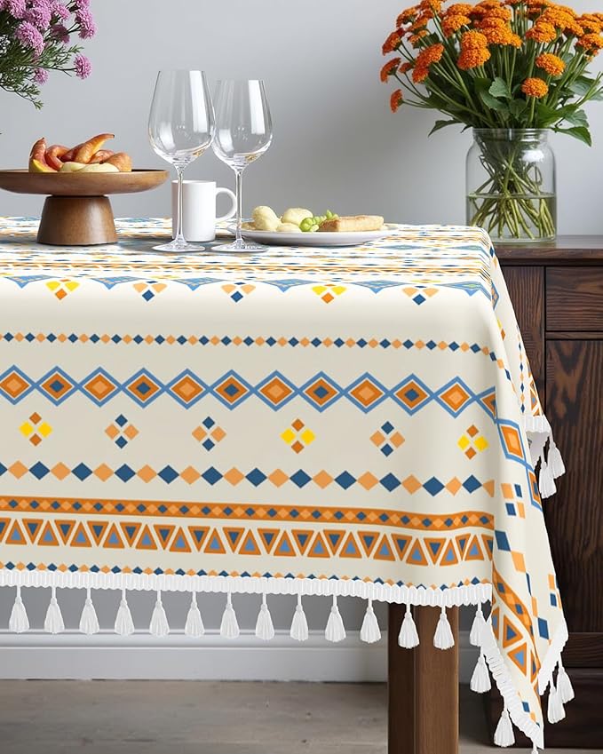 Bohemian Linen Tablecloth Rectangle 60''x 102'', Boho Waterproof Dining Table Cover with Tassels, Farmhouse Table Cloth Wrinkle Free for Kitchen, Party, Picnic, Holiday