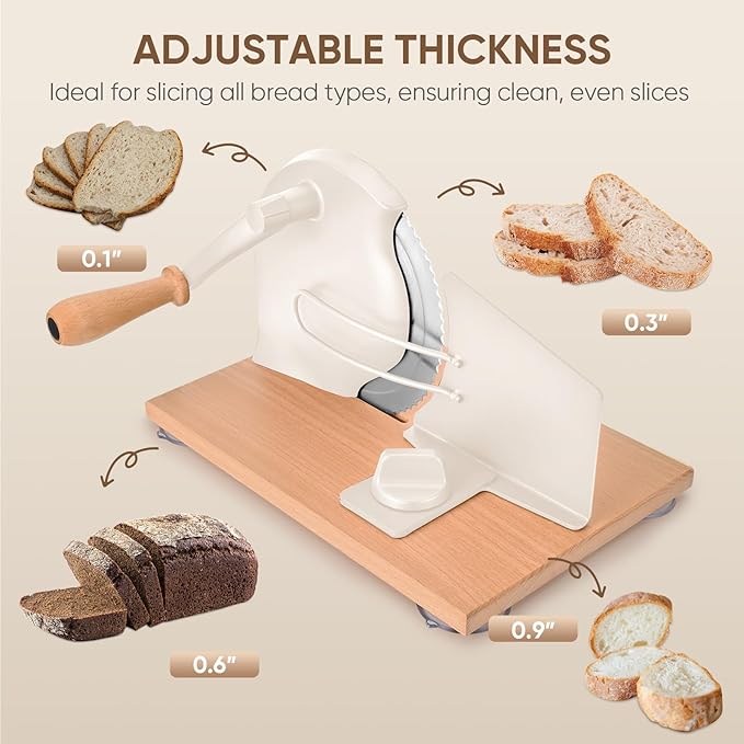 Manual Bread Slicer with Hand Crank, Classic Home Bread Slicer for Homemade Sourdough, Rotary Slicer with Adjustable Thickness, Premium Stainless Steel & Powerful Suction Cups (White)