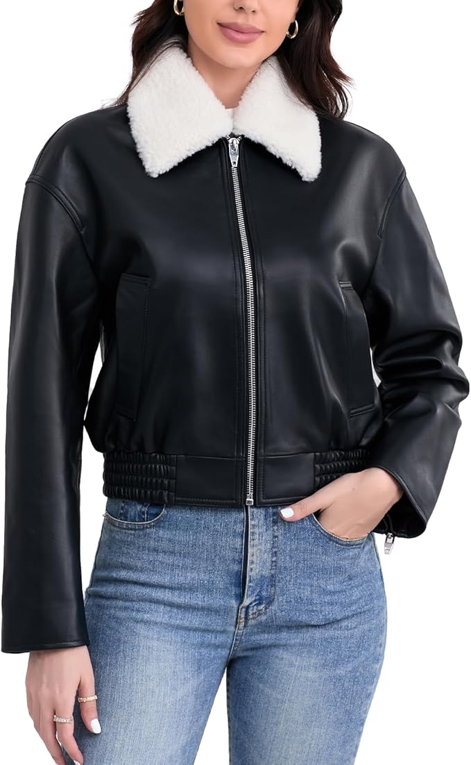 SILVER FASHIONS Leather Jacket Women,Cropped Lambskin Bomber Jacket,Removable Sherpa Collar, Zip Front, Elasticized Hem