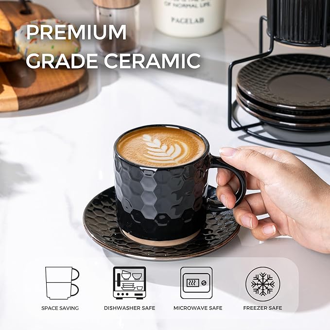 GBhome 6OZ Stackable Coffee Mugs with Stand and Saucer, Ceramic Coffee Mugs Set of 4 with Texture Patterns for Man,Woman,Dad,Mom, Modern Coffee Cups for Latte/Espresso. Dishwasher&Microwave Safe