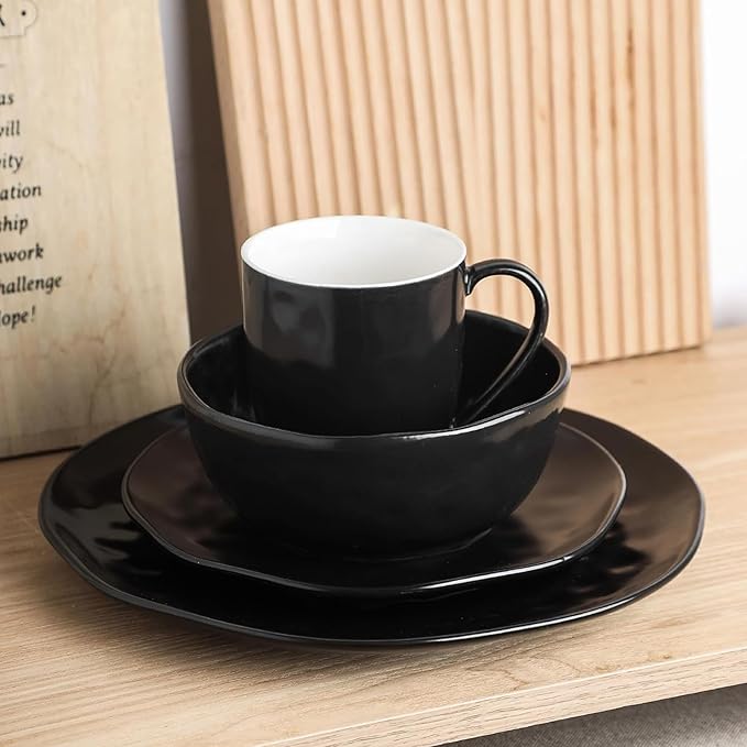 Stone Lain Ivy Stoneware 24 Piece Dinnerware Set, Home Kitchen Dish Set with Dinner Plates, Salad Plates, Bowls, & Mugs - Service for 6, Black